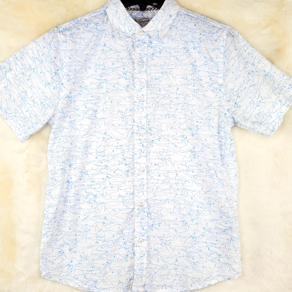 Original Penguin White Boys Shirt Sz.14-16 Button Up Blue Sharks Print Short Slv